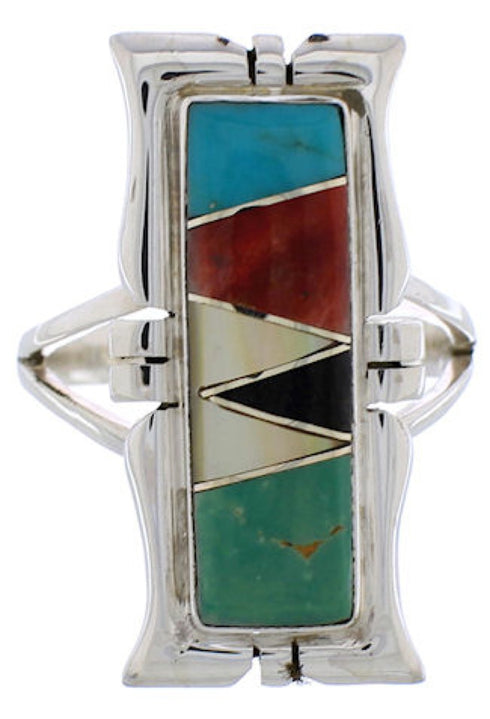 Sterling Silver Multicolor Inlay Southwestern Ring Size 6-3/4 WX41274